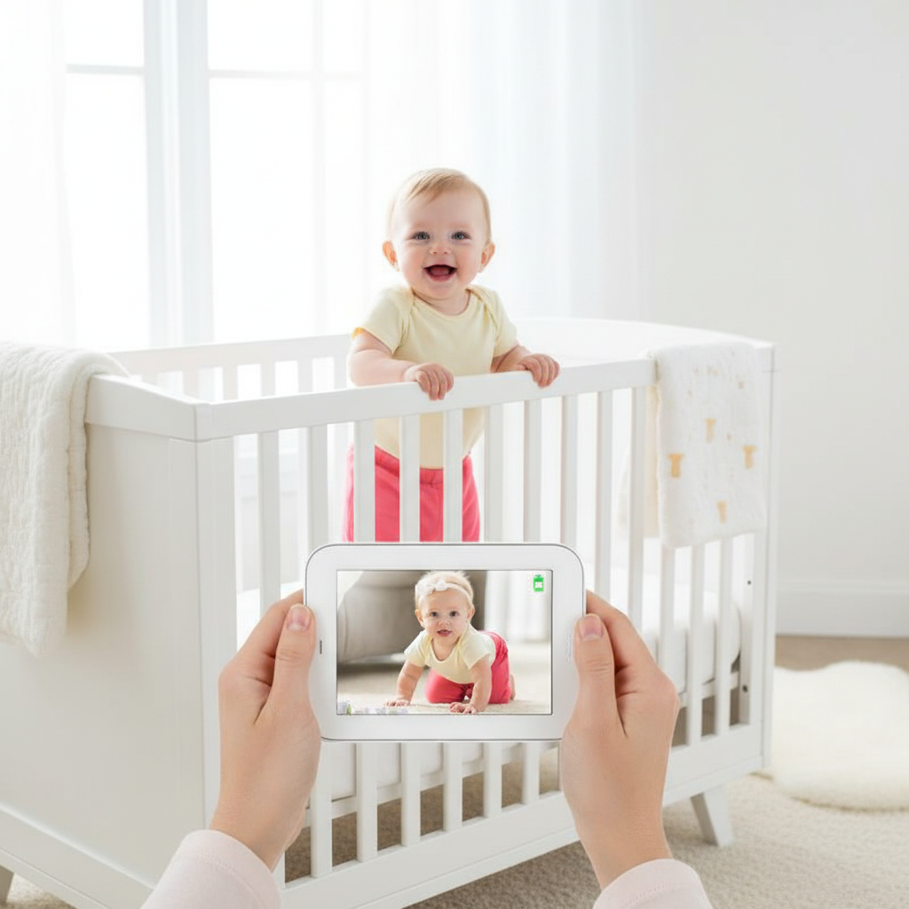 Bebé en cuna con monitor